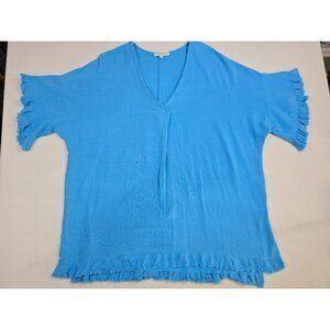 Umgee Womens Blue V-Neck Fringed Hem Tunic Blouse XL Cotton Blend Lagenlook